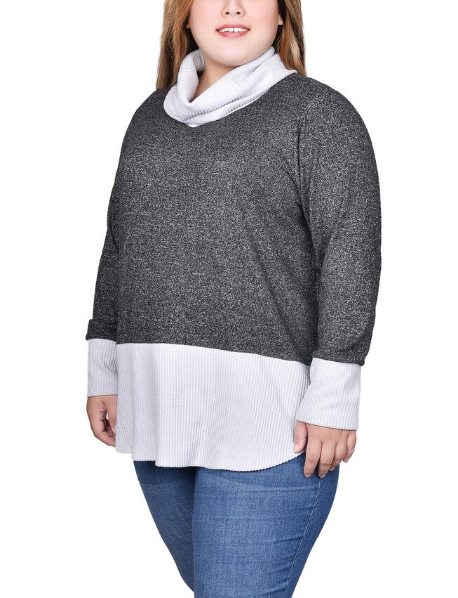 Long Sleeve Cowl Neck Colorblocked Top, , alternate image number 4