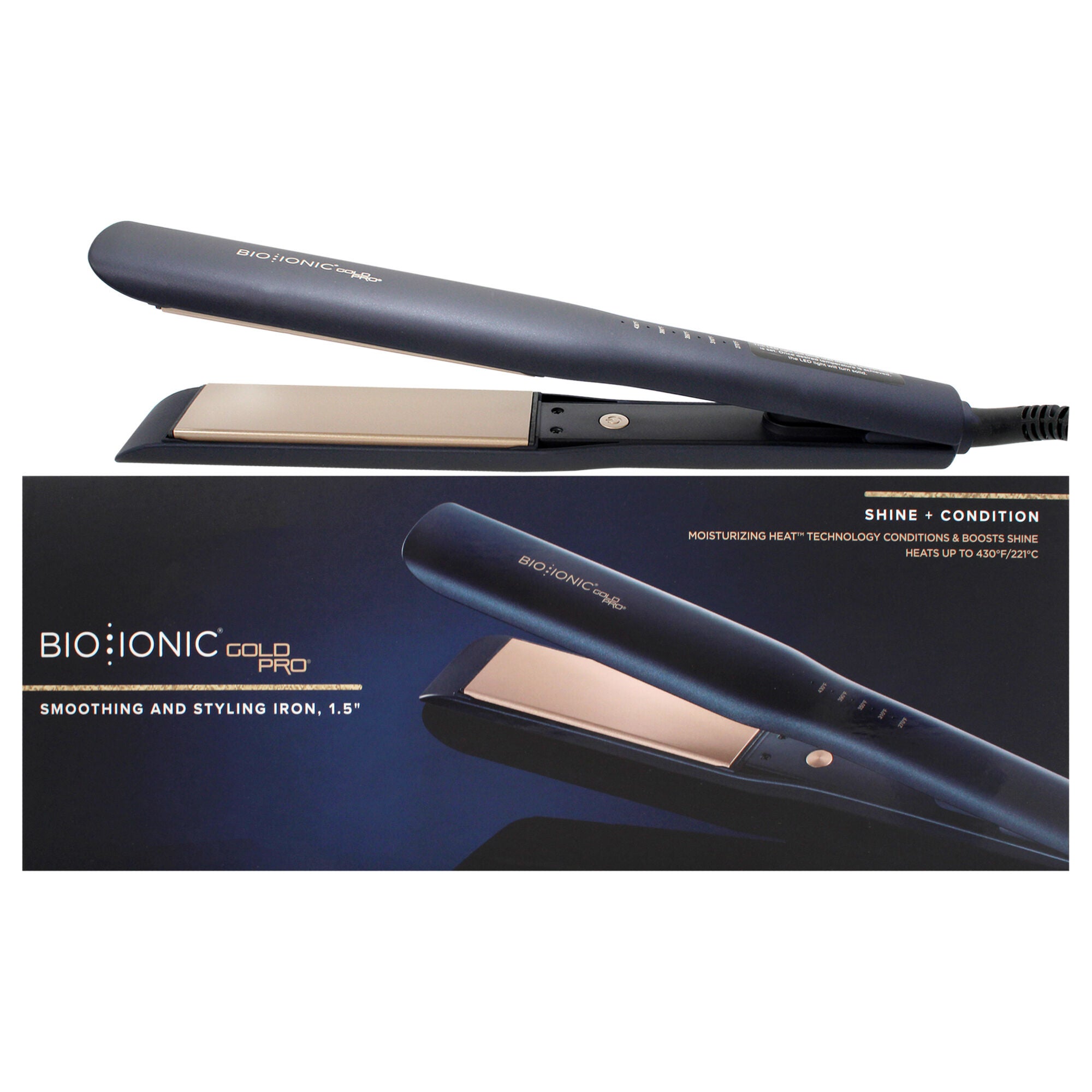 Gold Pro Styling Iron by Bio Ionic for Women - 1.5 Inch Flat Iron, Black, hi-res image number 0