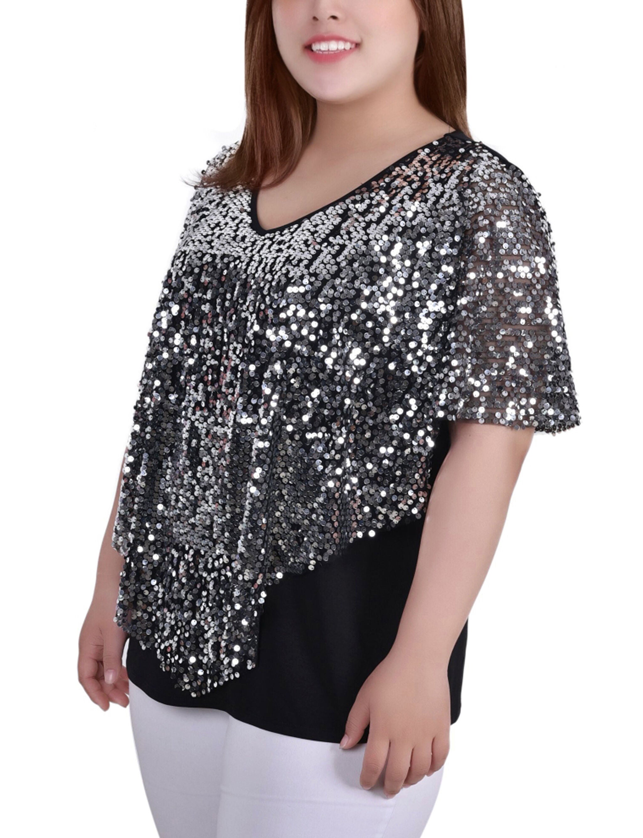 Short Sleeve Sequined Poncho, Silver Discoball, alternate image number 1