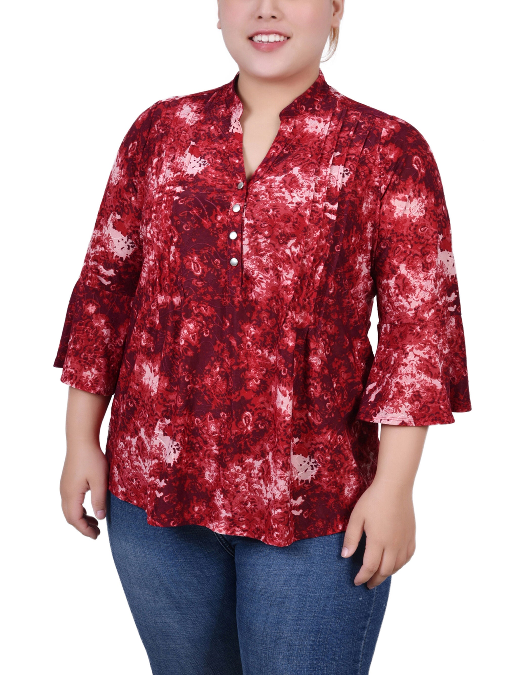 3/4 Sleeve Overlapped Bell Sleeve Y Neck Top, Black Red Geobreeze, hi-res image number 0