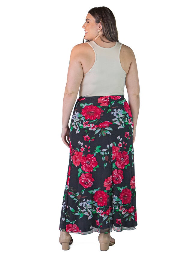 Plus Size Black and Red Floral Print Sheer Overlay Elastic Waist Maxi Skirt, , alternate image number 1