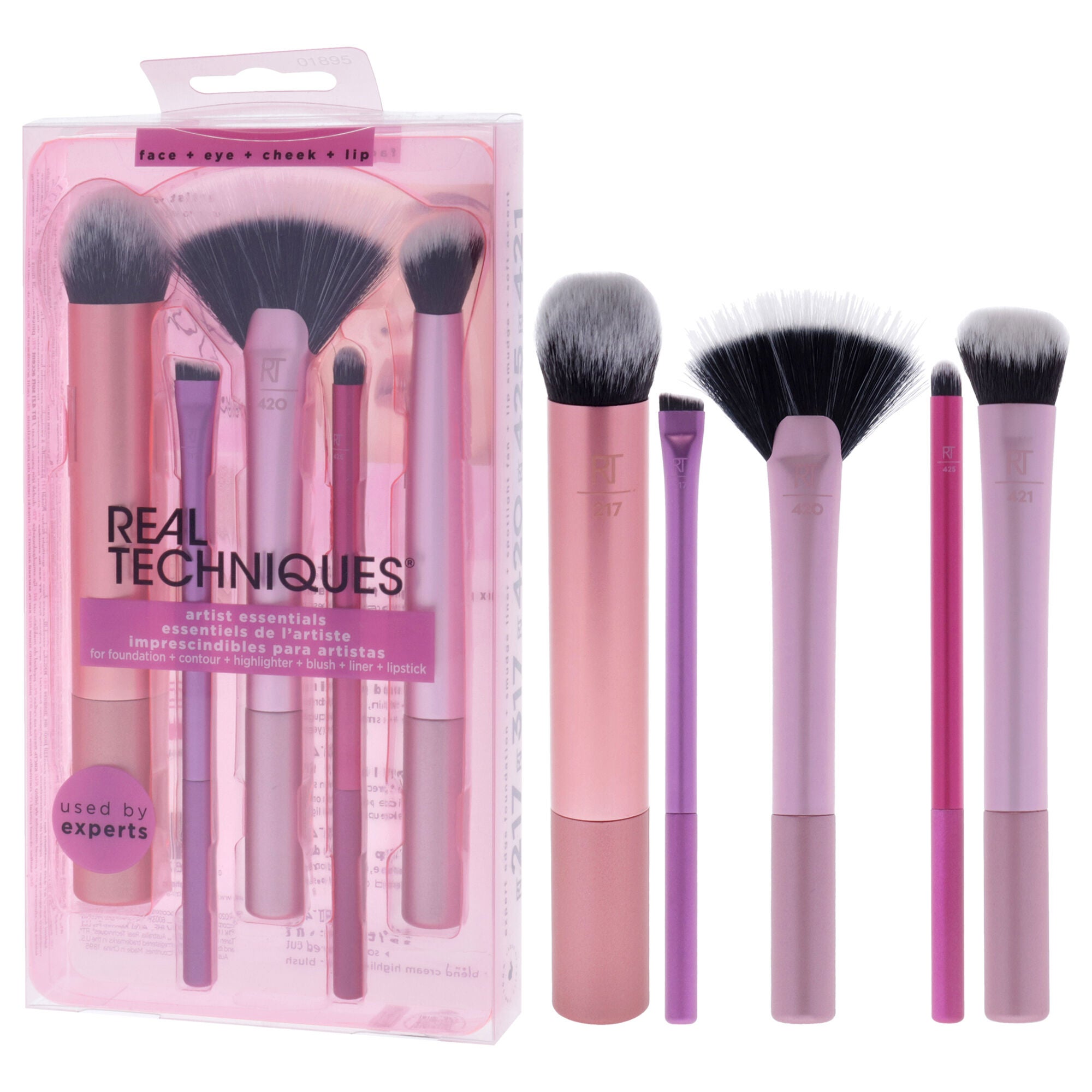 Artist Essentials Set by Real Techniques for Women - 5 Pc Expert Edge Foundation Brush - 217, Smudge Liner Brush - 317, Spotlight Fan Brush - 420, Lip Smudge Brush - 425, Soft Accent Brush - 421, Multi, alternate image number 2
