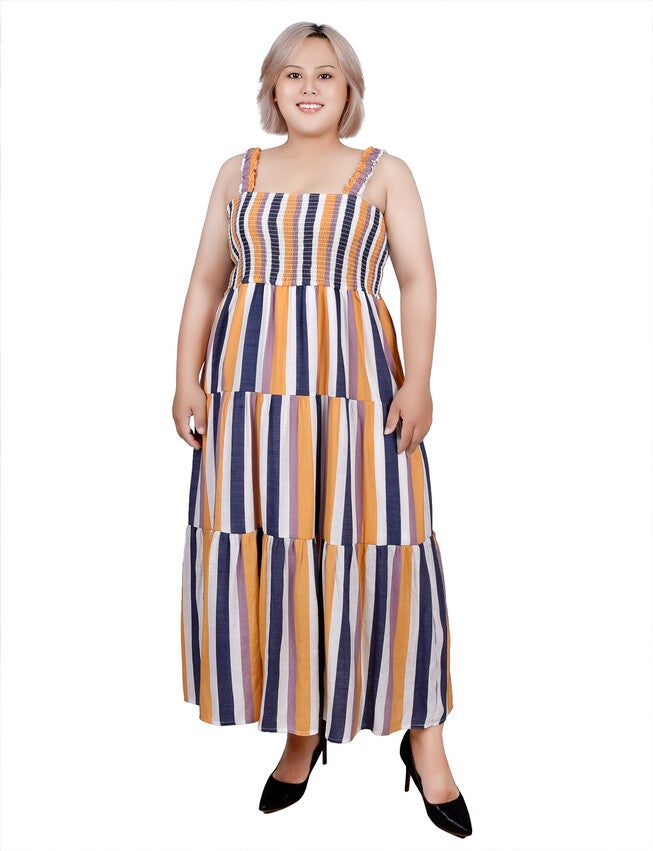 Smocked-Bodice Tiered Dress, Blue Gold Stripe / blue, hi-res image number 0