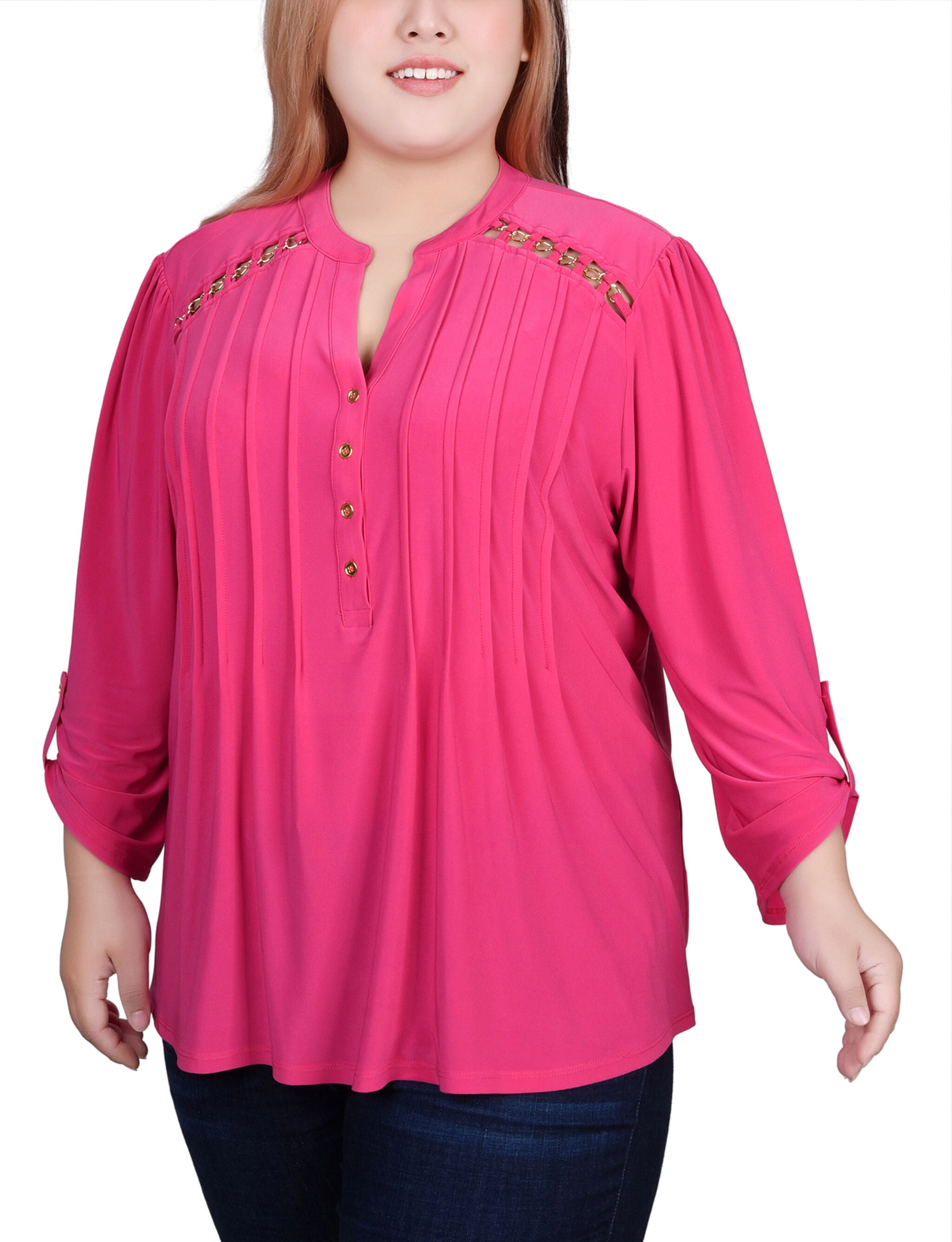 Long Sleeve Pintuck Front Top With Chain Details, Beetroot Purple / green, alternate image number 3