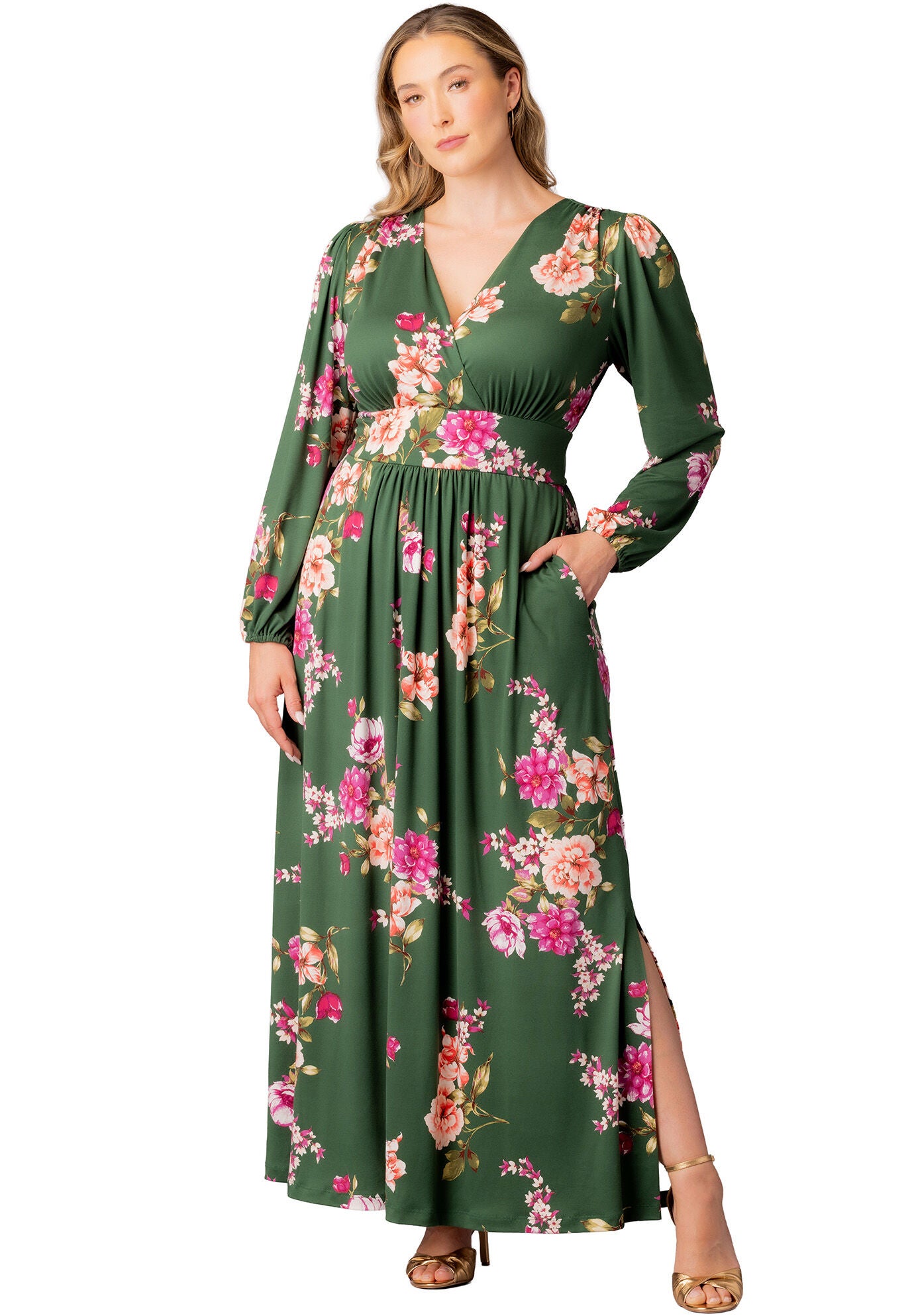 Kelsey Long Sleeve Maxi Dress, Green Floral Print / Forest Green, hi-res image number 0