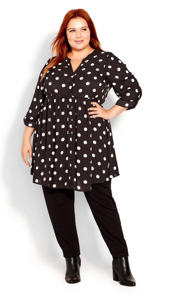 Gathered Waist Tunic - black spot, Black, hi-res image number 0