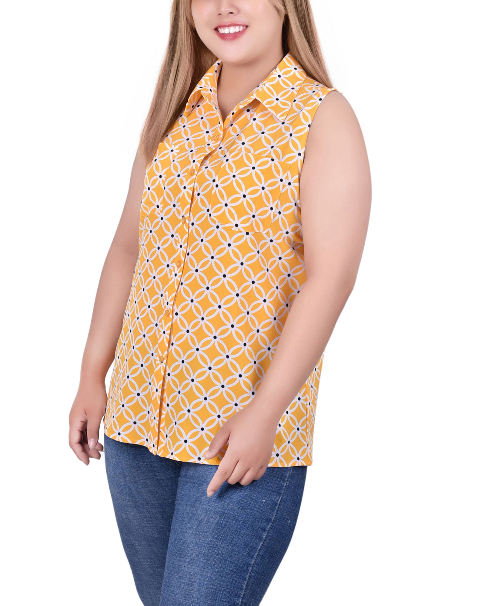 Sleeveless Notch Collar Button Front Blouse, , alternate image number 2