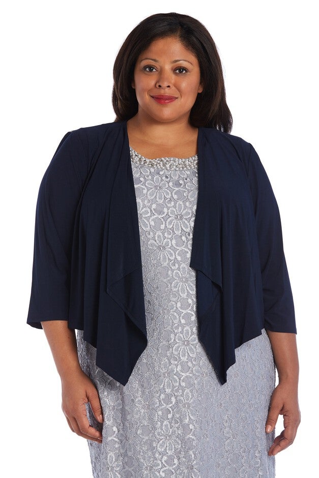 Draped, Open Jacket with Sheer Back Panels and 3/4 Sleeves, Navy, hi-res image number 0