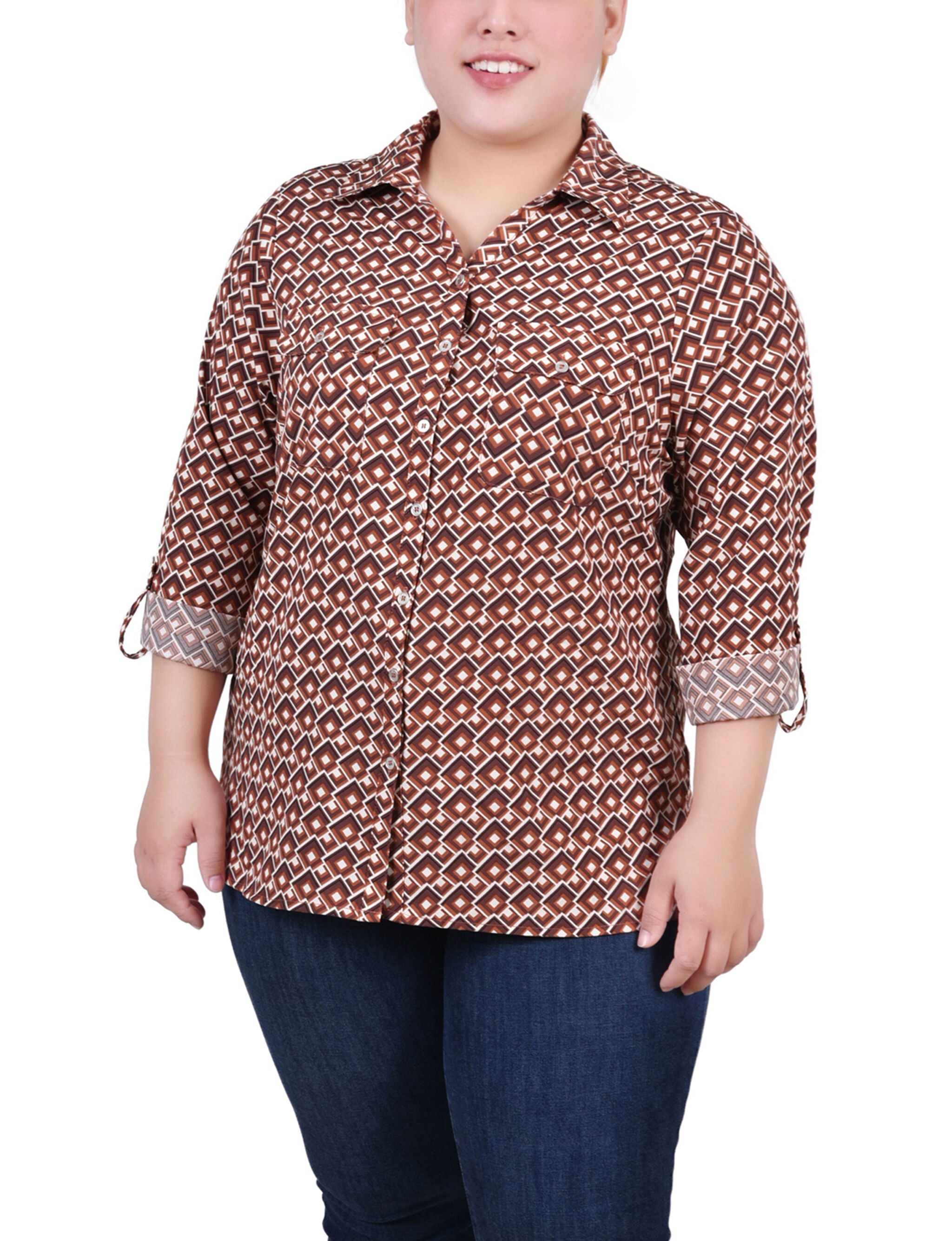 3/4 Roll Tab Blouse With Pockets, Golden Jaycee, hi-res image number 0