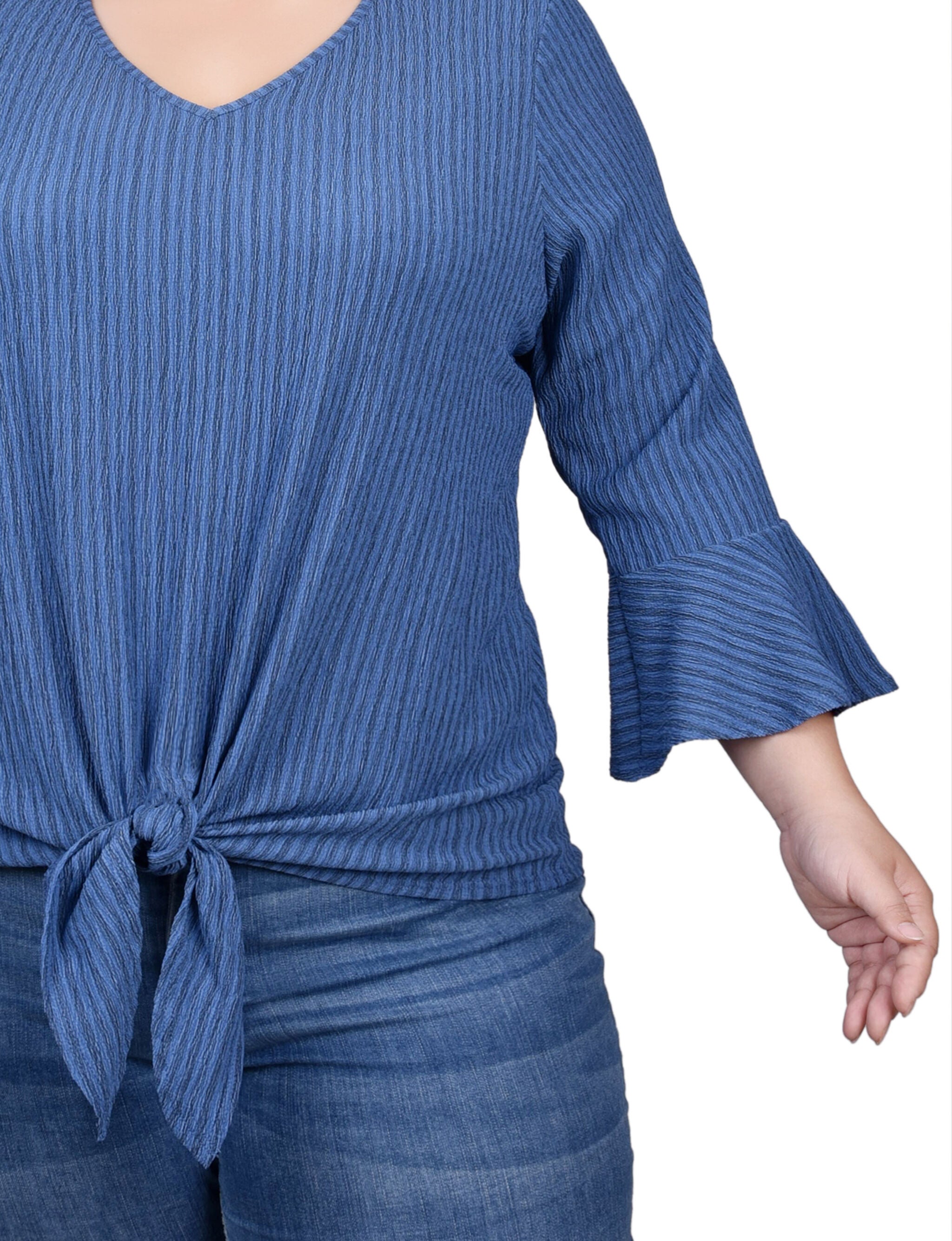 3/4 Bell Sleeve Textured Knit Top, Navy, alternate image number 1