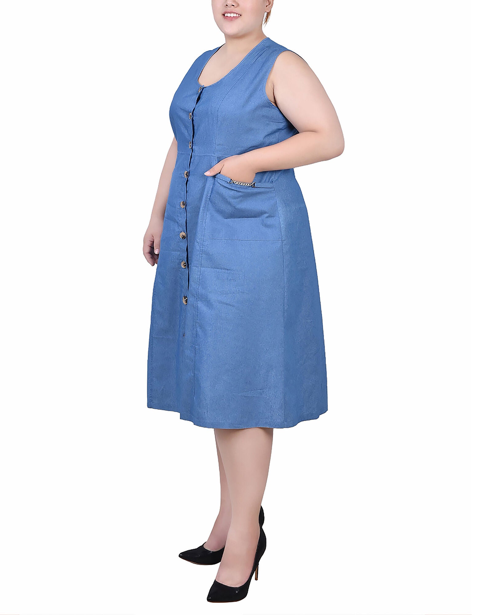 Sleeveless Chambray Dress With Hardware, , alternate image number 2