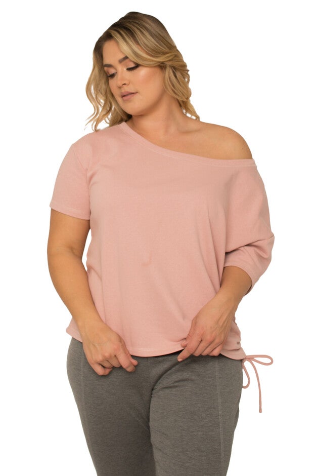 Plus Size Women's Boat Neck French Terry Ruched Tee, Mauve, hi-res image number null