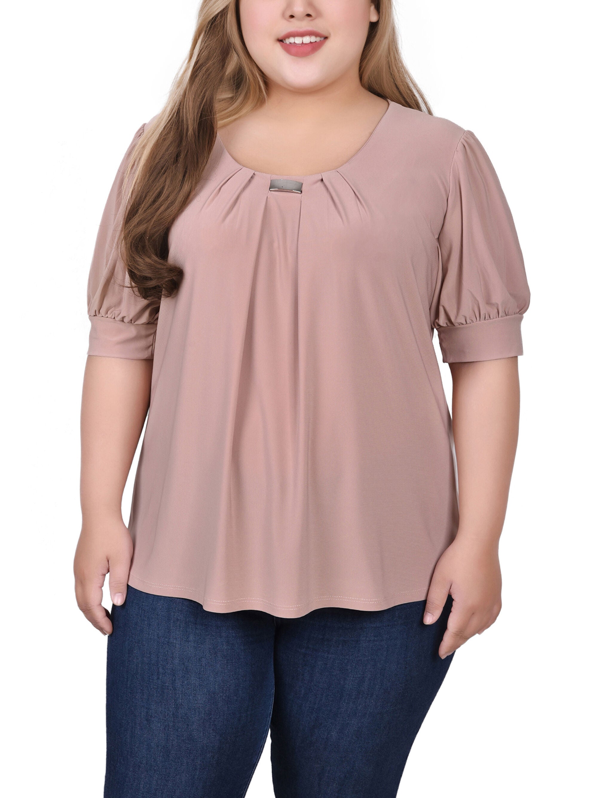 Short Sleeve Balloon Sleeve Top With Hardware, Oxford Tan, hi-res image number 0