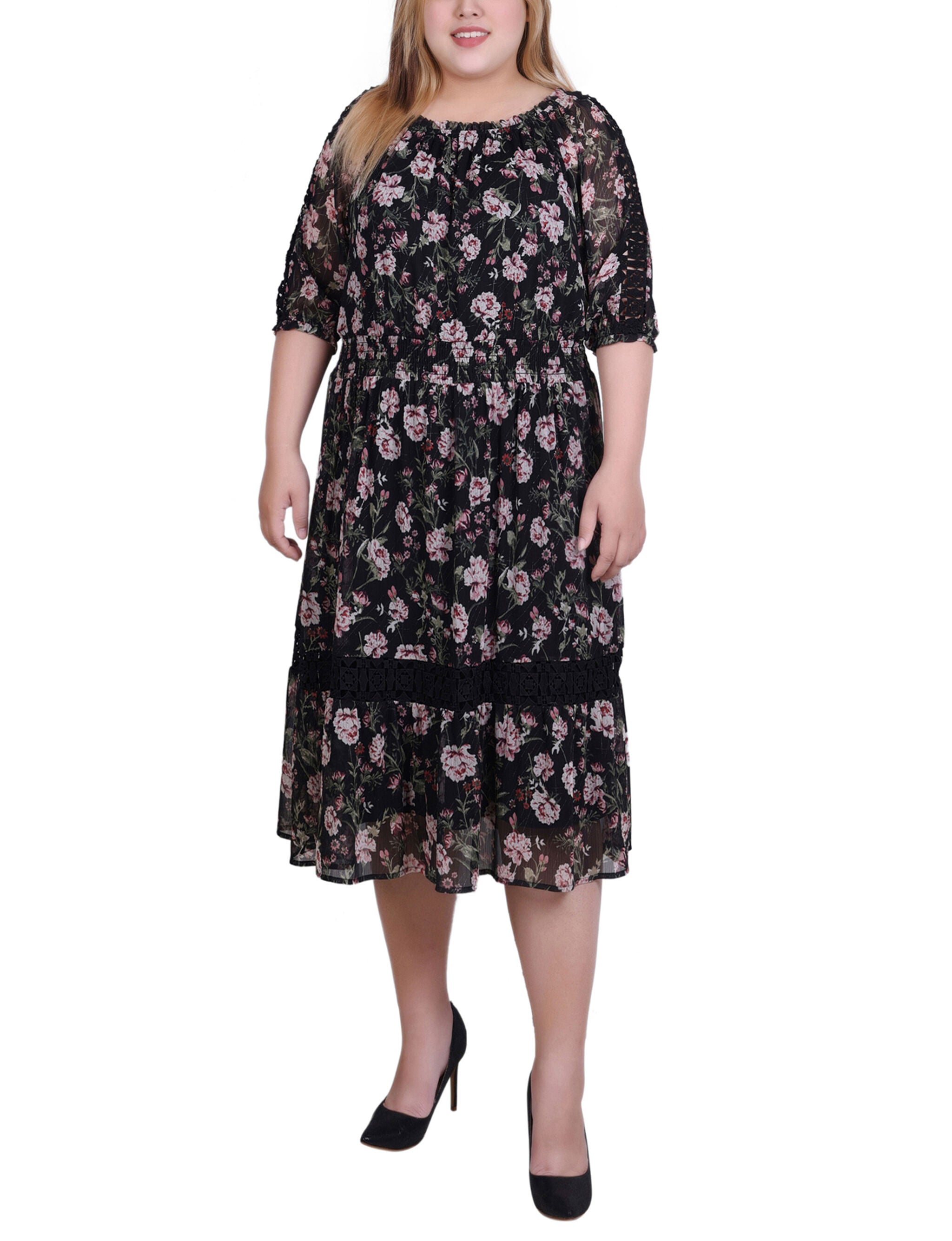 3/4 Sleeve Smocked Waist Dress, Black Floral, hi-res image number 0