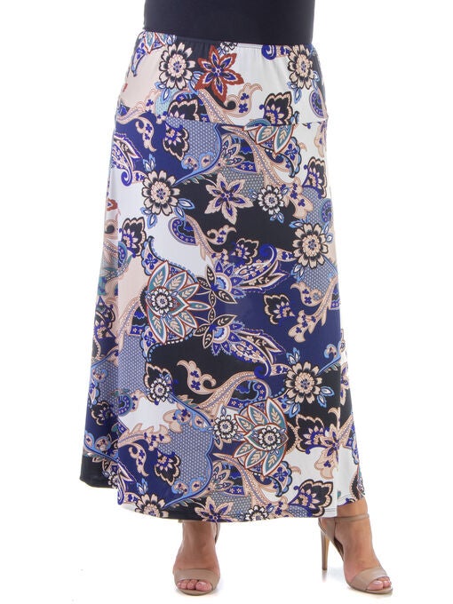 Black and Blue Elastic Waist Ankle Length Plus Size Maxi Skirt, MultiColor, hi-res image number null
