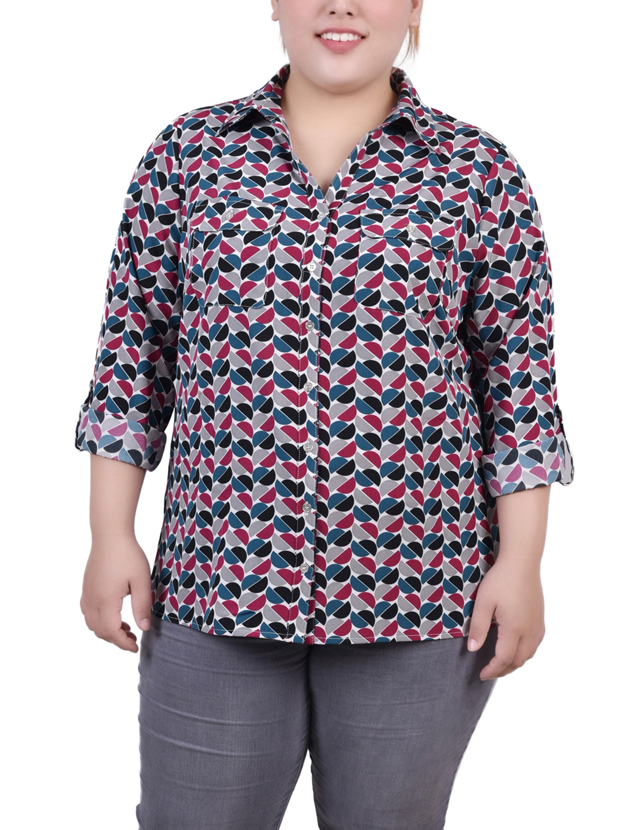 3/4 Roll Tab Blouse With Pockets, Beet Red White Half Ball Geo, hi-res image number 0