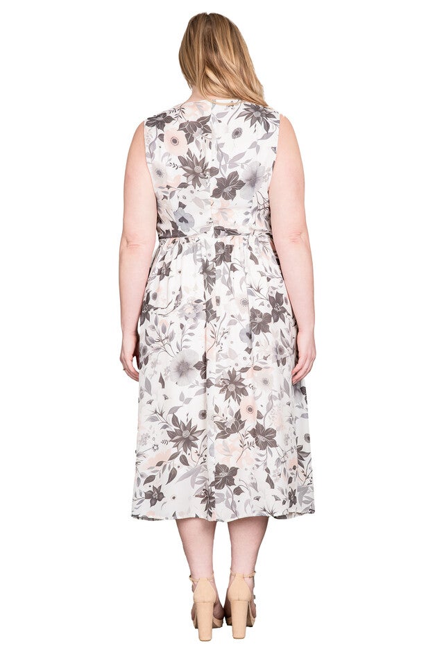 Floral Print Sleeveless V-Neck Maxi A-Line Dress, White Floral / Light Grey, alternate image number null