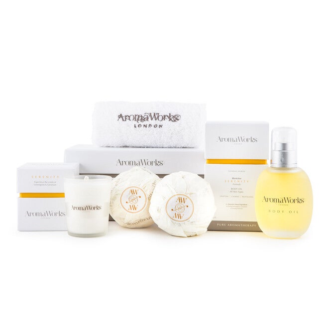 Serenity Body Indulgence Set by Aromaworks for Unisex - 5 Pc 3.4oz Body Oil, 2.65oz Candle, 2 x 8.8oz Serenity AromaBomb, White Aromaworks Flannel, See Description, alternate image number 3