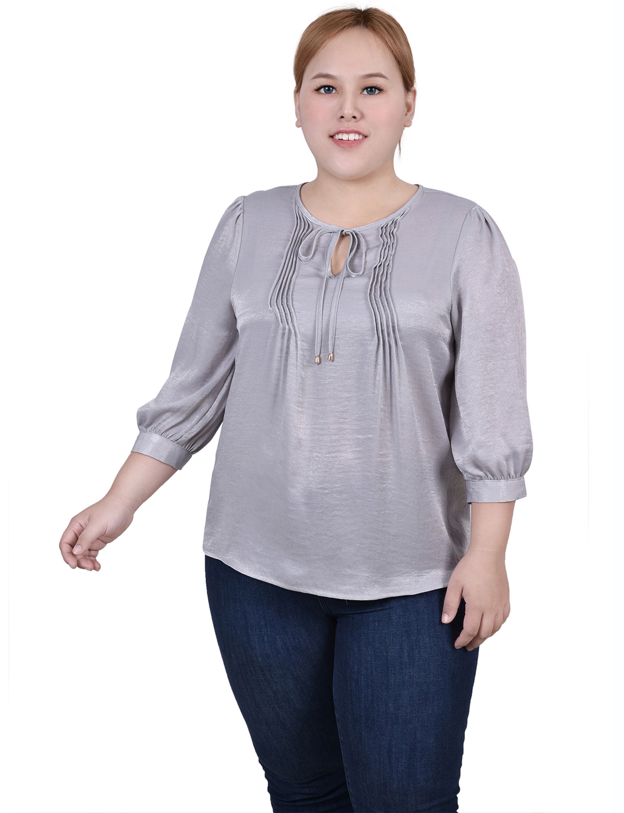 Elbow Sleeve Satin Blouse, Light Grey, hi-res image number 0