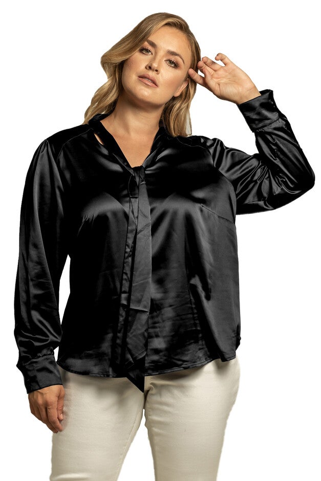 Women's Plus Size Bow-tie Neck Long Sleeve Blouse, Black, hi-res image number null