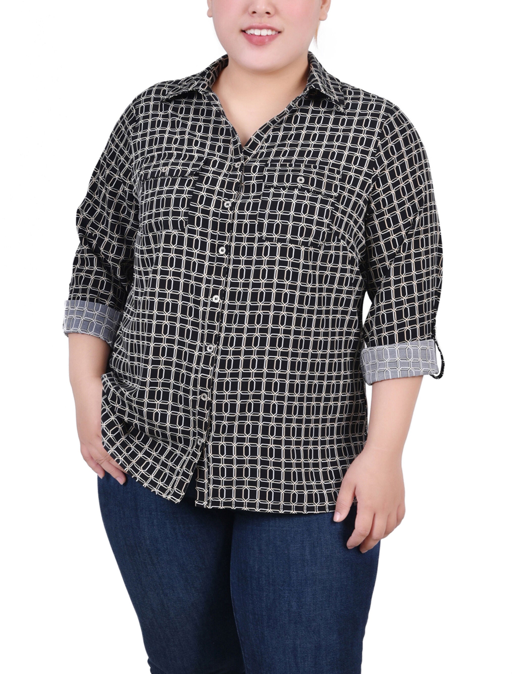 3/4 Roll Tab Blouse With Pockets, Black Gold Harlie, hi-res image number 0