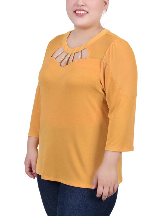 3/4 Sleeve Top With Neckline Cutouts and Stones, Golden Glow, alternate image number 1