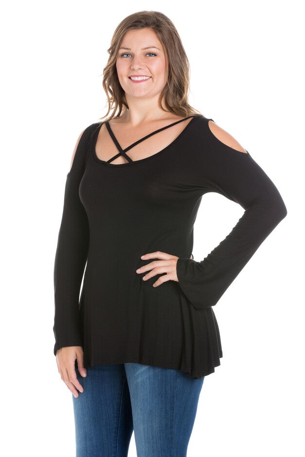 Long Sleeve Plus Size Criss Cross Cold Shoulder Top, , alternate image number null