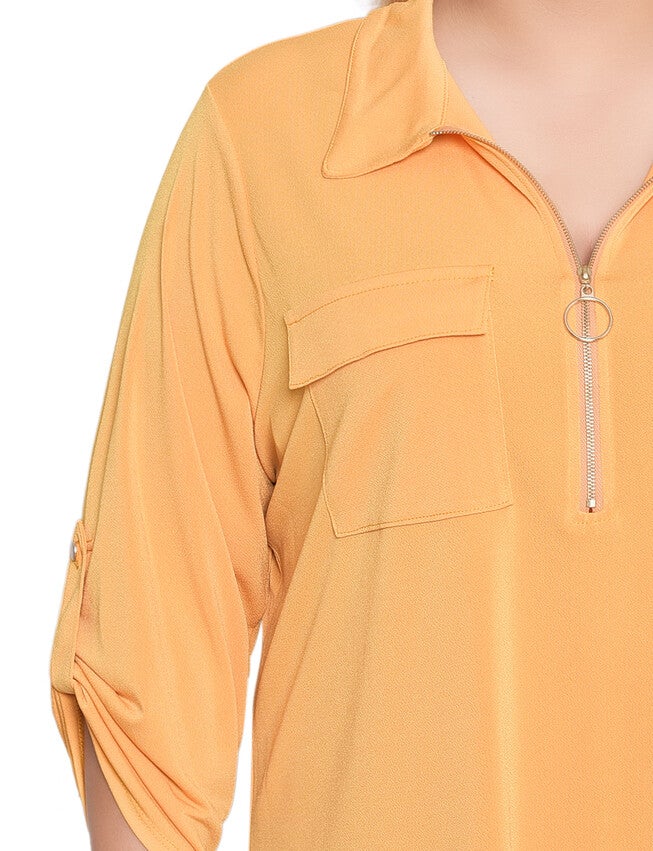 Plus Size 3/4 Roll Tab Zip Front Top, Golden Glow, alternate image number 2