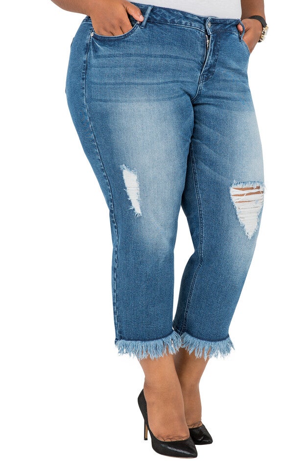 Plus Size Women's Curvy Fit Cropped Frayed Boyfriend Jeans, Blue, hi-res image number 0