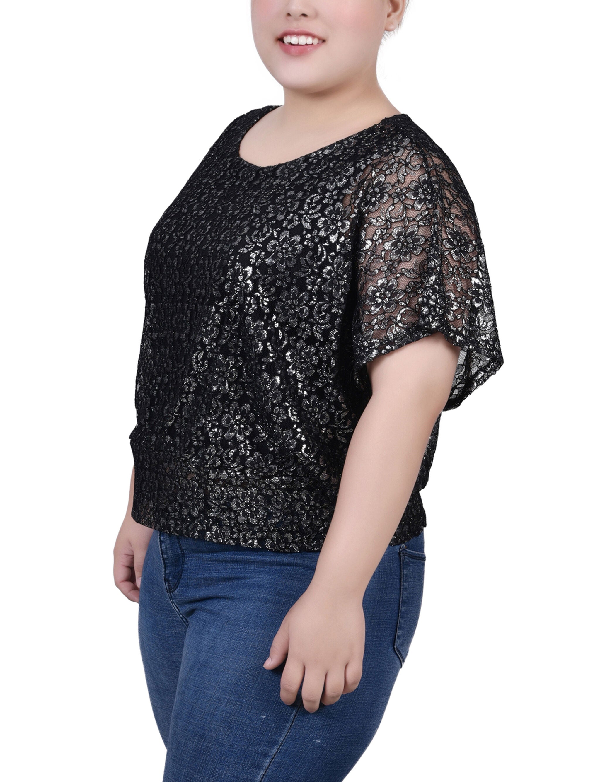 Foil Lace Poncho With Smocked Waist, Silver Black, alternate image number 1