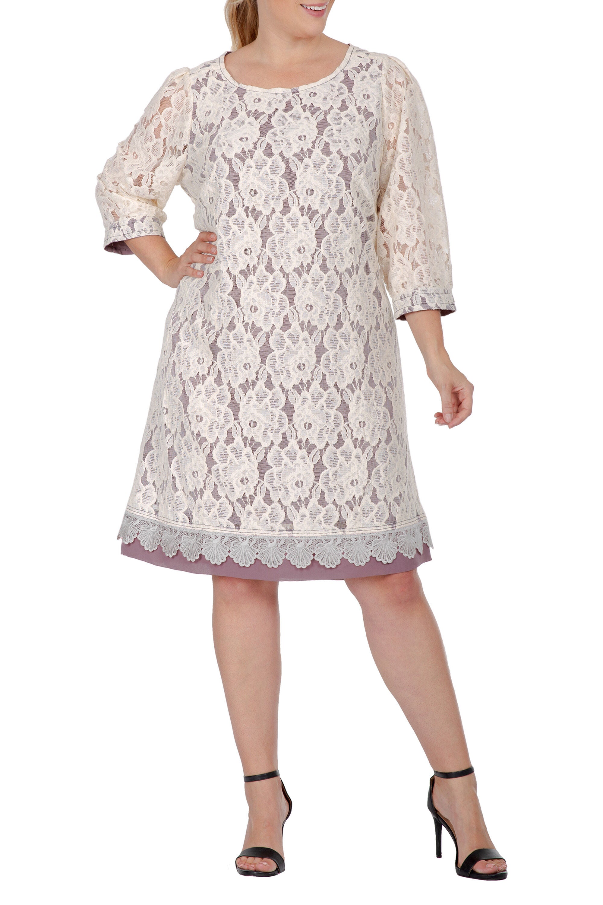 Women's Plus Size Elegant Floral Lace Boat Neck 3/4 Sleeve Midi Dress, Beige, hi-res image number 0