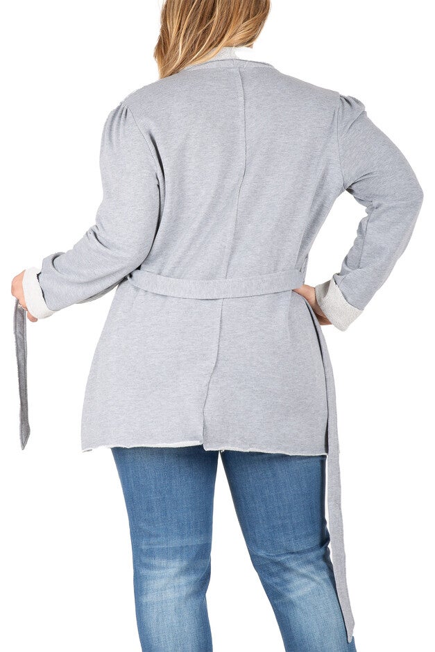 Plus Size Reverse Trim Shawl Collared Self Tie Cardigan, , alternate image number null
