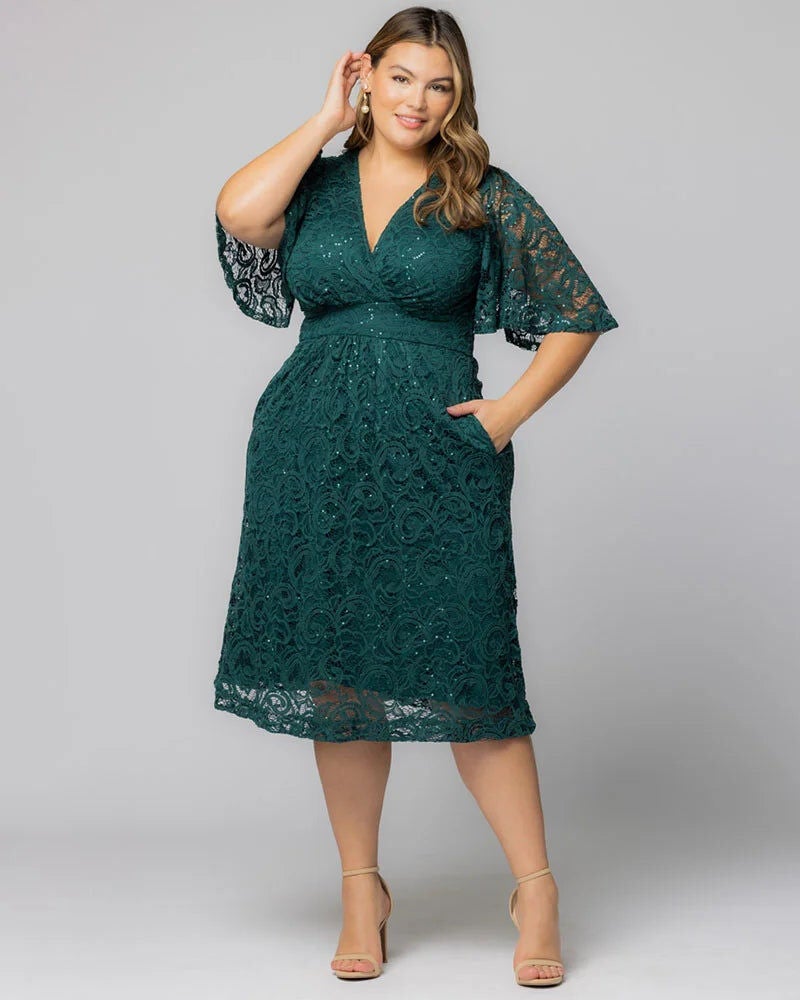 Starry Sequined Lace Cocktail Dress, Emerald Green, hi-res image number 0