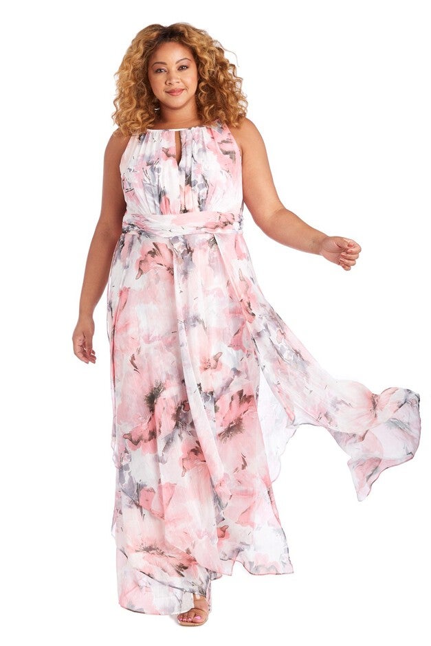 Long Halter Sheer Portal Printed Chiffon Maxi Dress, Pink, hi-res image number null