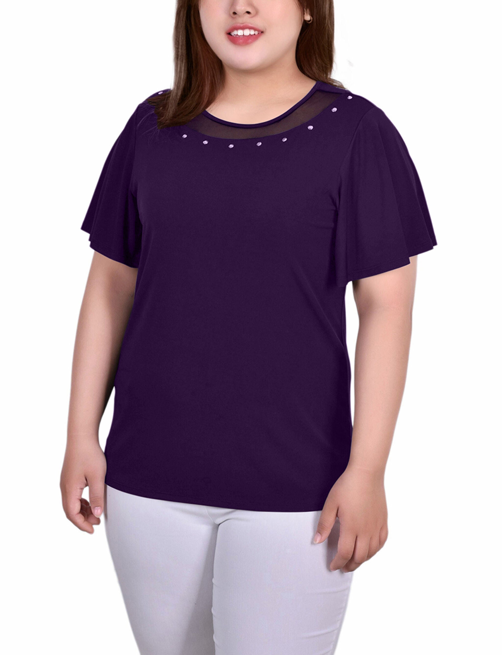 Short Sleeve Mesh and Stone Top, Deep Purple, hi-res image number 0