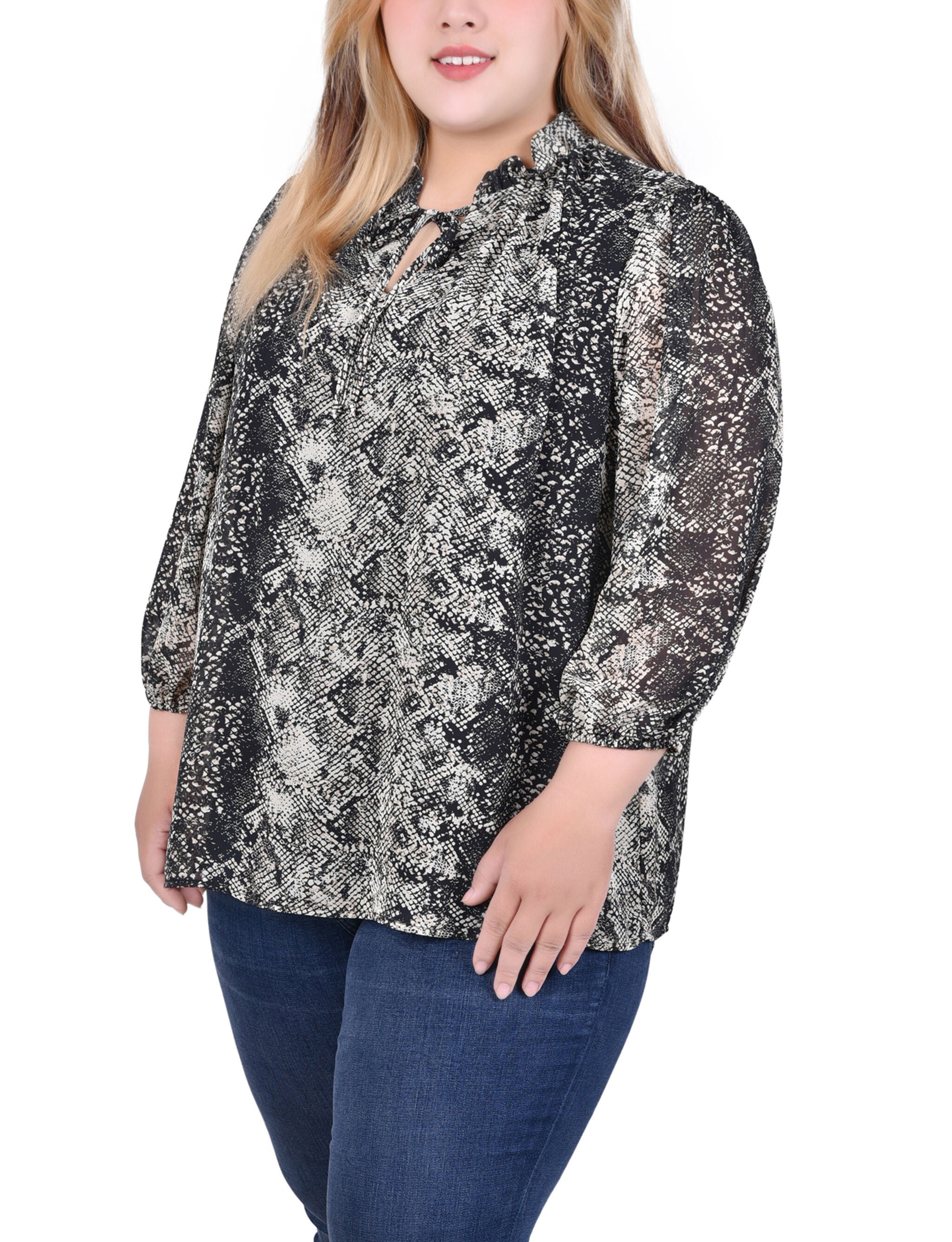 3/4 Sleeve Chiffon Blouse, Black Snakeskin, alternate image number 2