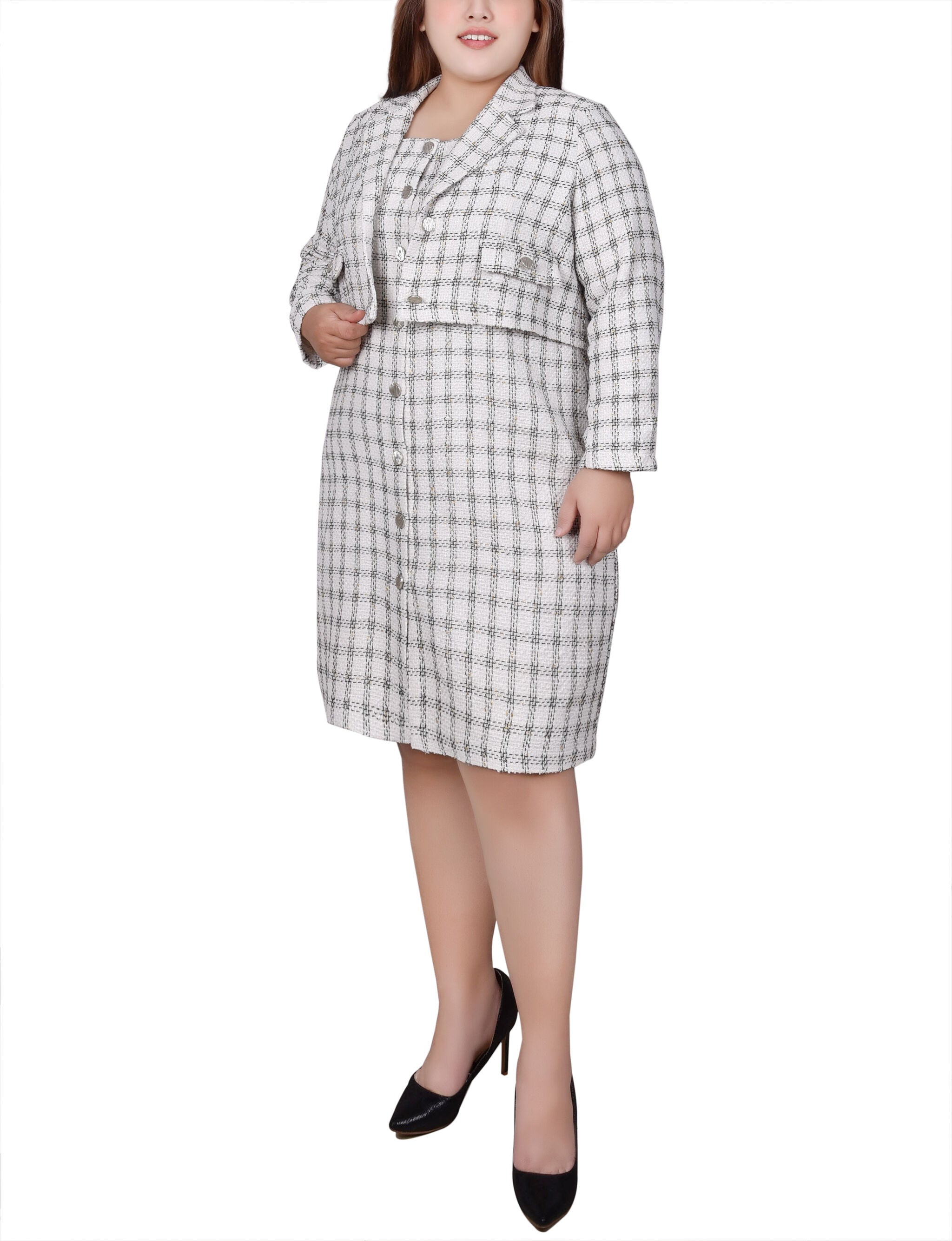 Long Sleeve Tweed Dress Set, Ivory Black Gold, alternate image number 1
