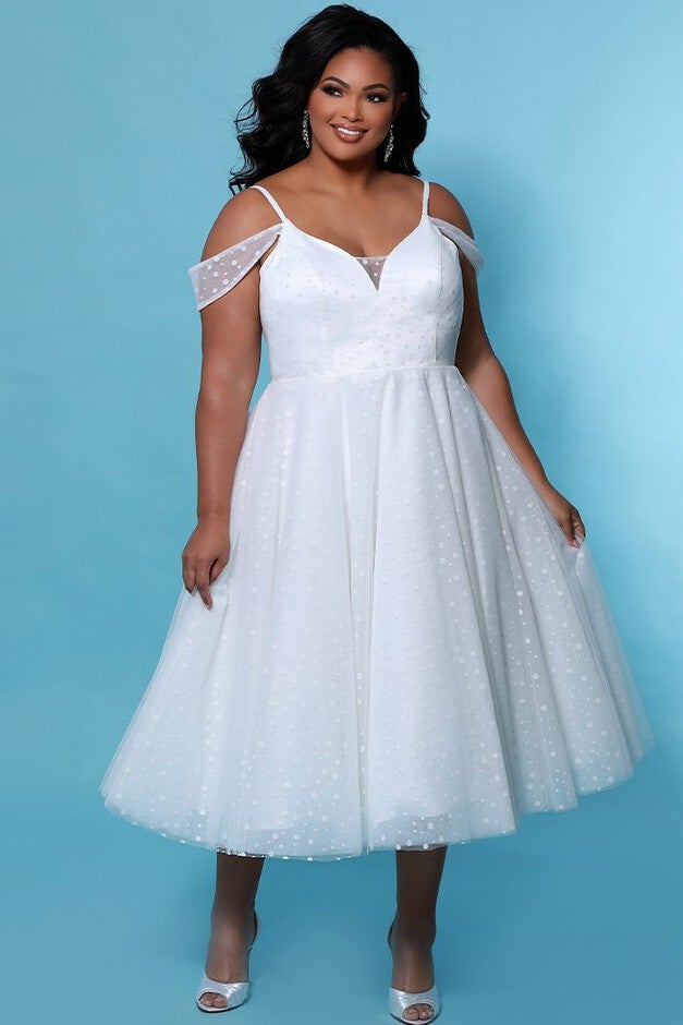 Blossom Wedding Dress Dotted Swiss Plus Size Tea-Length Gown, Ivory, hi-res image number null