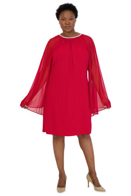 Chiffon Dress with Rhinestone Neckline and Sheer Capelet - Plus, Red, hi-res image number null