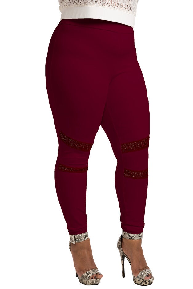 Plus Size Curvy Women's Black Lace Insets Pull On Ponte Legging, Burgundy, hi-res image number null