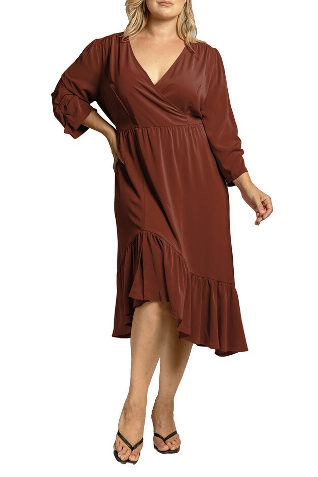 Women's Plus-size V Neck Ruched Sleeve Ruffle Hem Midi Dress, Brownie, hi-res image number null