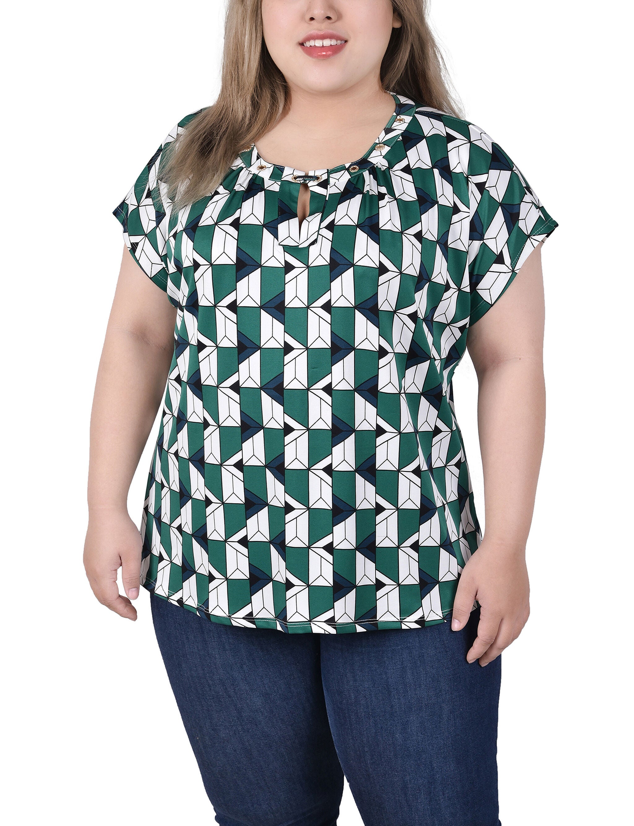 Extended Sleeve Top With Grommets, Kelly Green Ivory Geo Link, hi-res image number 0