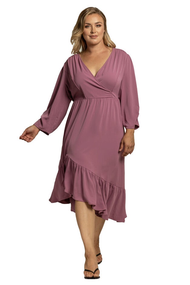 Women's Plus-size V Neck Ruched Sleeve Ruffle Hem Midi Dress, Deep Mauve, hi-res image number null