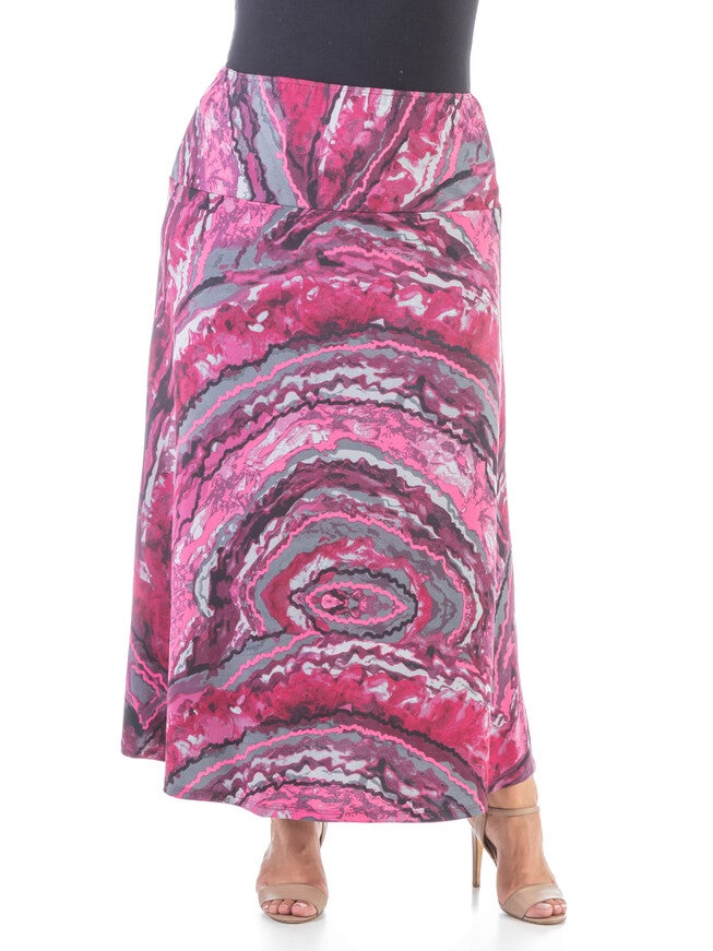 Pink Print Elastic Waist Ankle Length Plus Size Maxi Skirt, MultiColor, hi-res image number null
