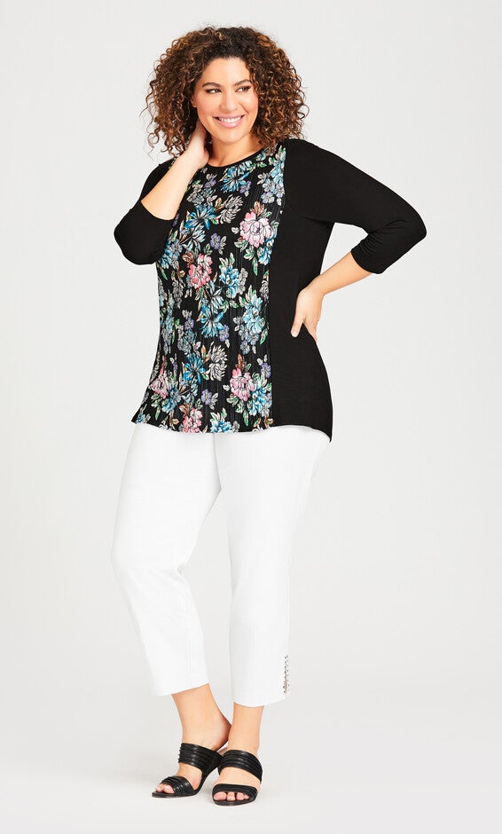 Pleated Floral 3/4 Sleeve Top - blue floral, , alternate image number 1