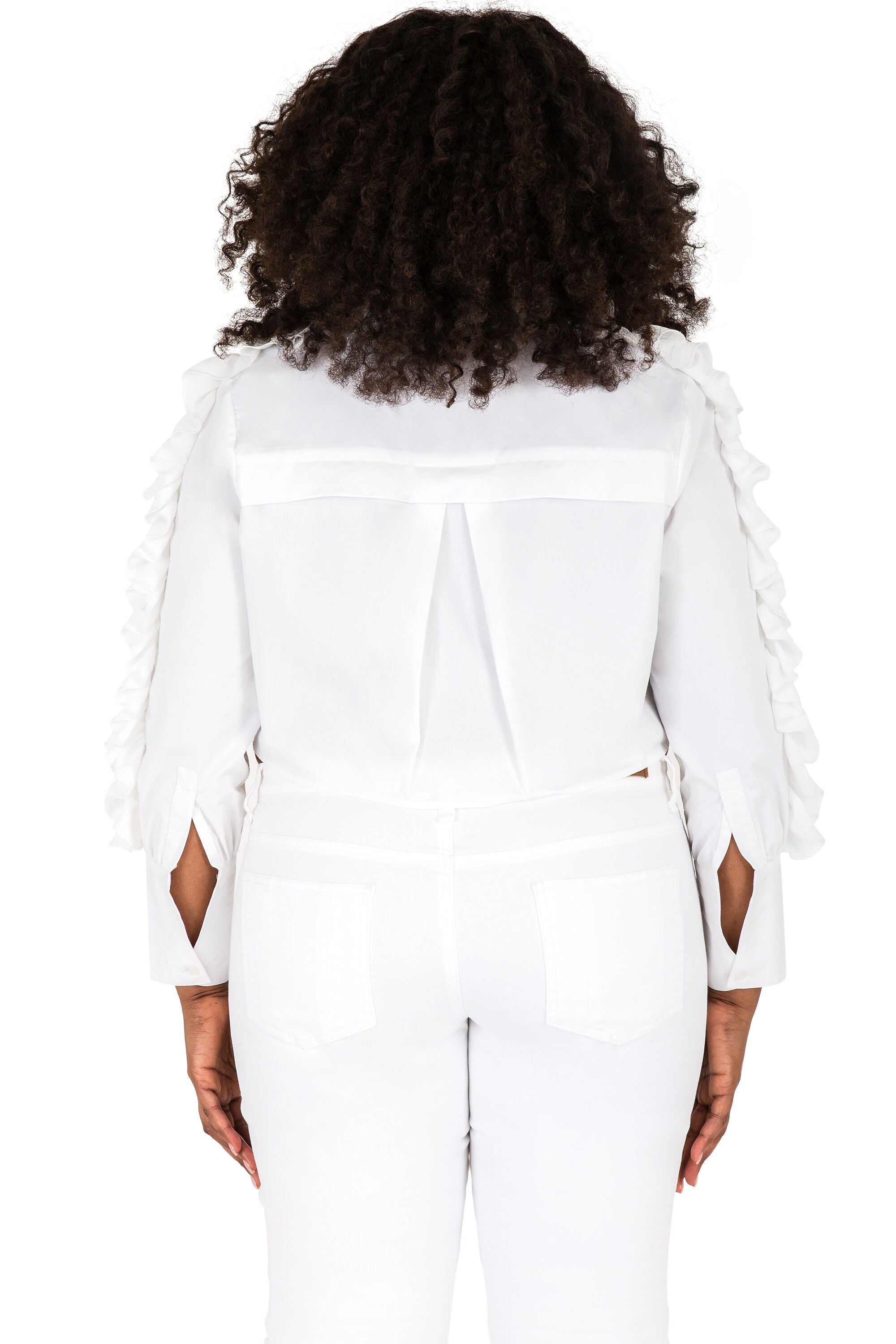 Plus Size Curvy Women's Ruffled Poplin Button-Up Shirts, , alternate image number 1