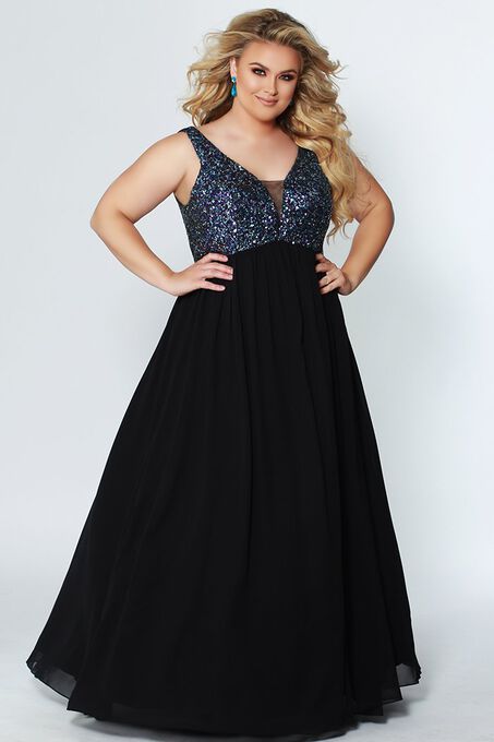 Starry Night Evening Dress Multi Color Sequin and Black Chiffon Plus Size Empire Gown, Black/Multi, hi-res image number null