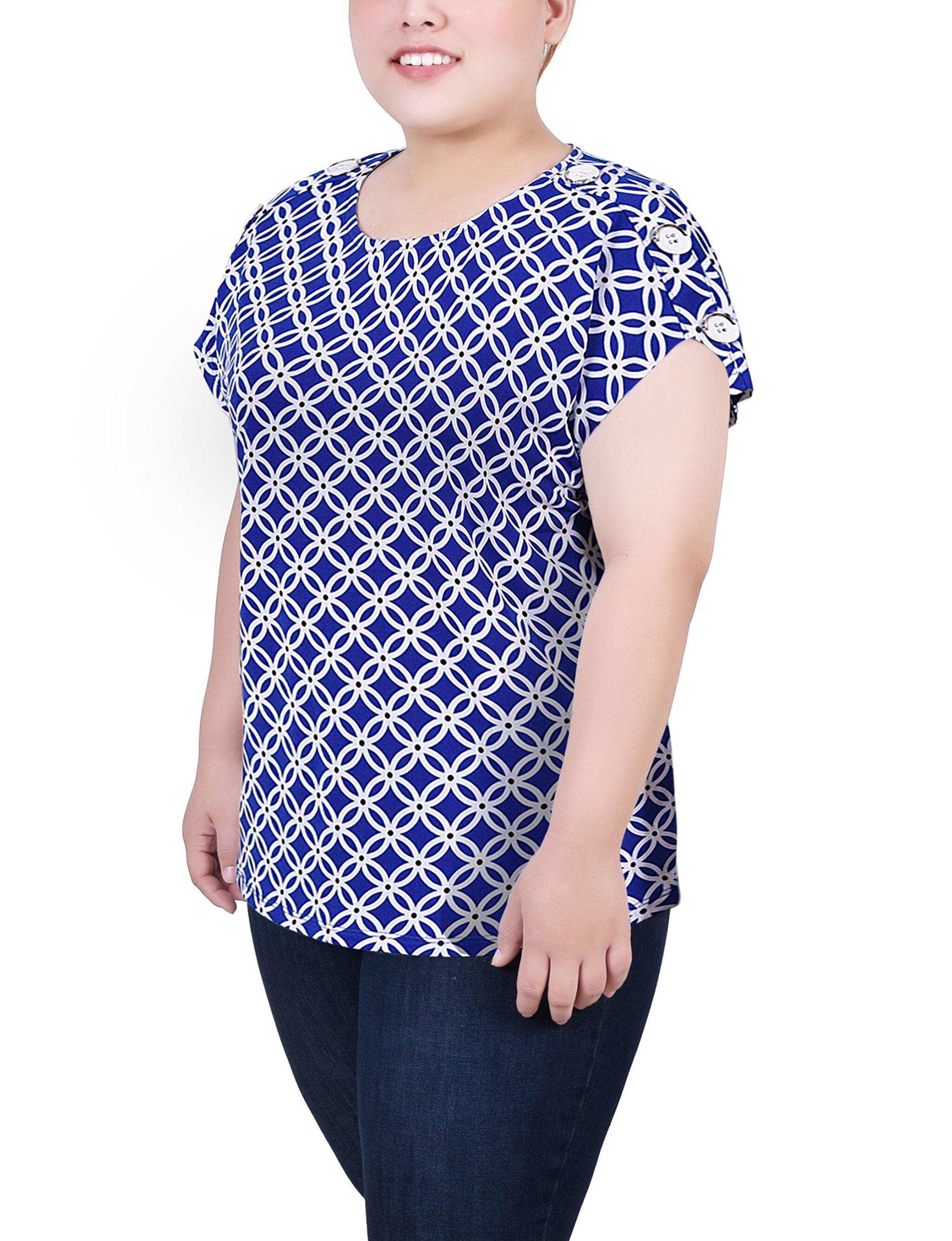 Short Extended Sleeve Top, Royal White Black Geo, alternate image number 1