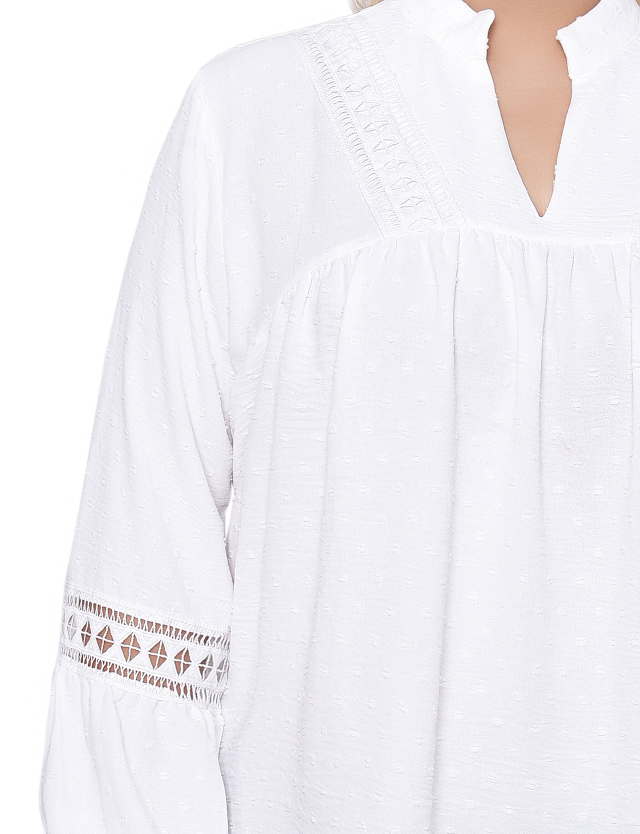 Long Sleeve Blouse With Crochet Trim, Ivory, alternate image number 2