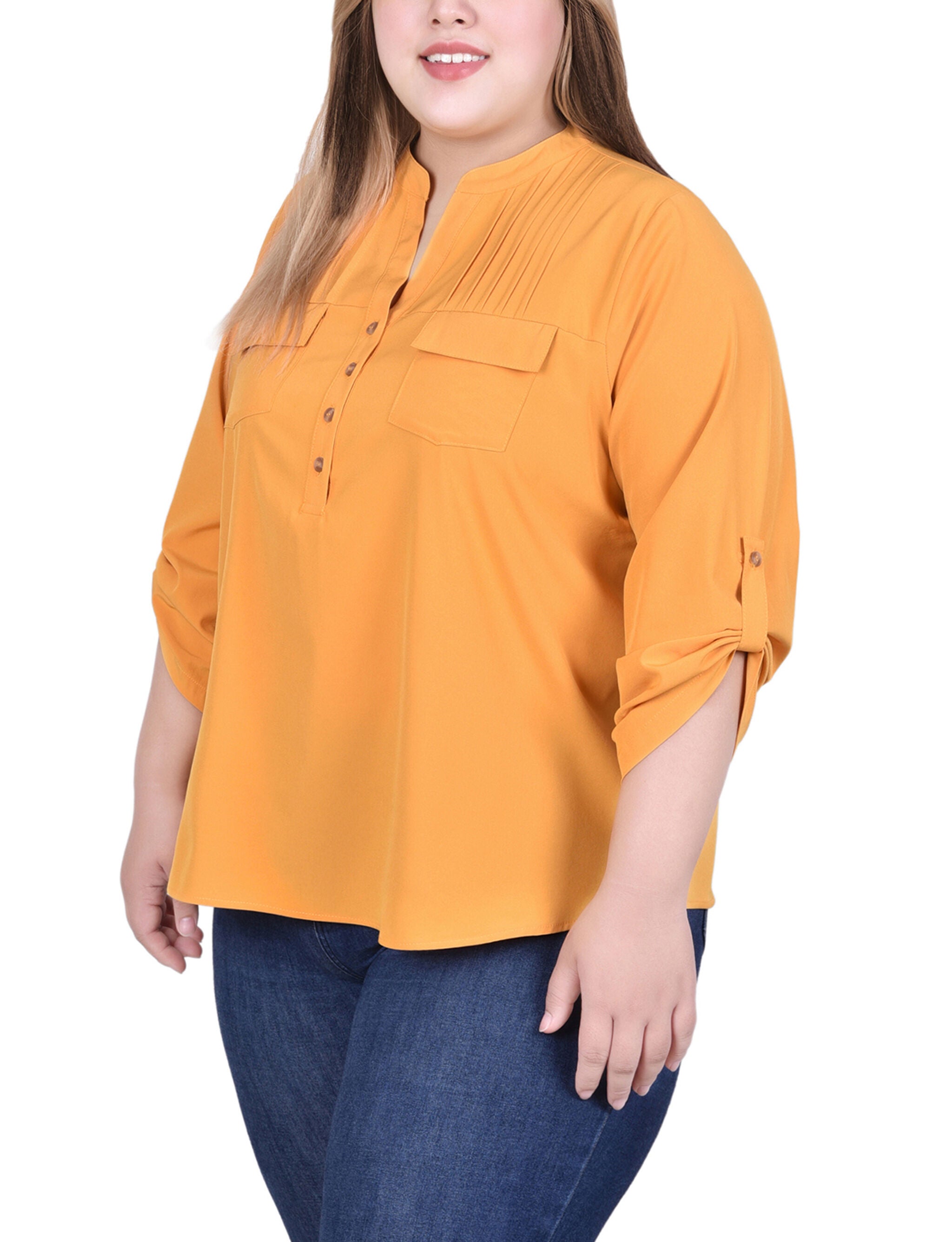 Long Tab-Sleeve Blouse With Pockets, Golden Glow, alternate image number 1